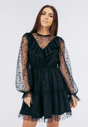Комбіноване плаття з сіткою в горошок, чорне / Bessa