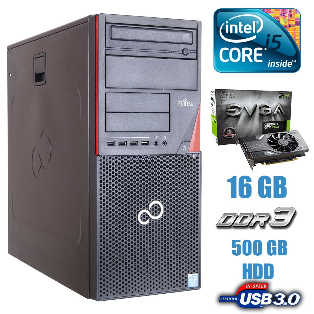 Б/в Fujitsu P720 Tower / Intel Core i5-4430 (4 ядра по 3.0 - 3.2 GHz) / 16GB DDR3 / 500GB HDD / nVidia GeForce GTX 1060 6GB GDDR5 / USB 3.0